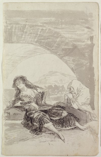 Maja en Celestina onder een boog door Francisco de Goya